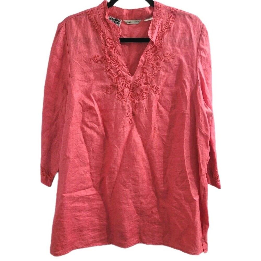 Edward Woman 100% Linen Tunic Top Coral Pink Embroidered 3/4 Sleeve Size 1X